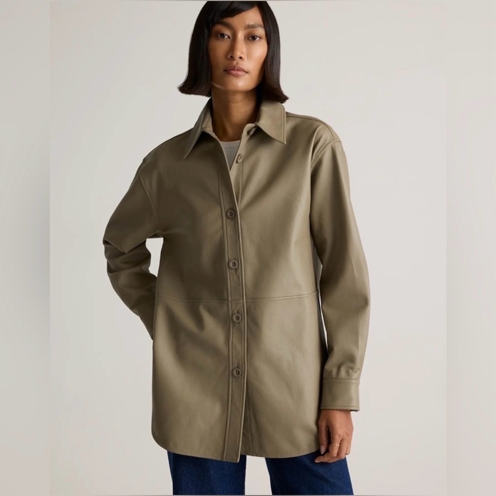 Quince 100% Leather Shirt Jacket in Mushroom size XS